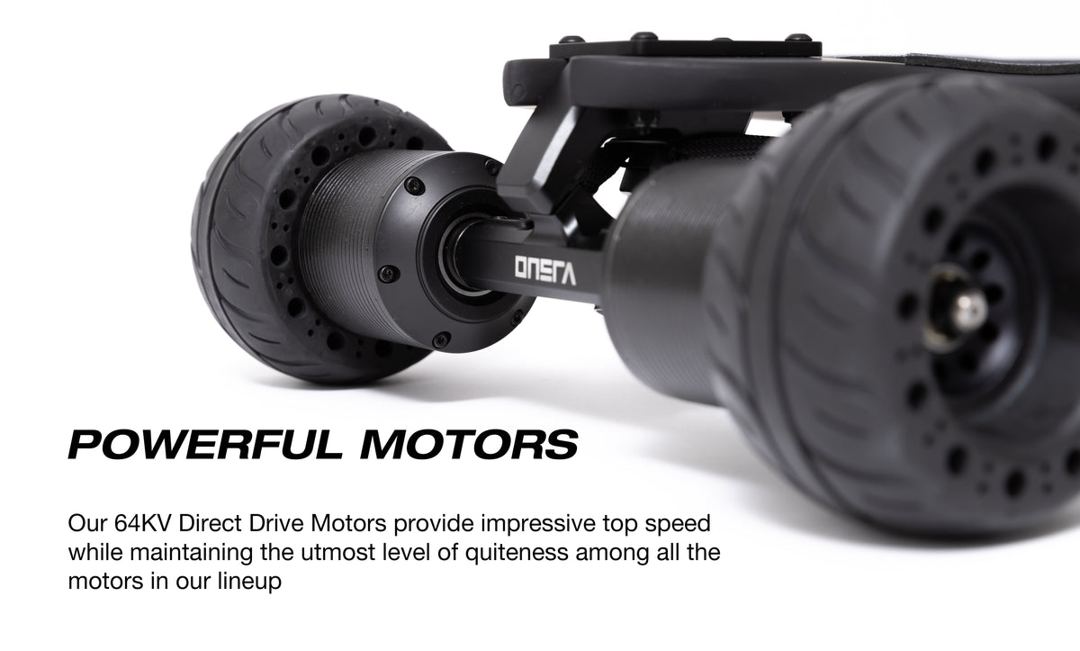 ONSRA direct drive motors on an electric skateboard truck with POWERFUL MOTORS text