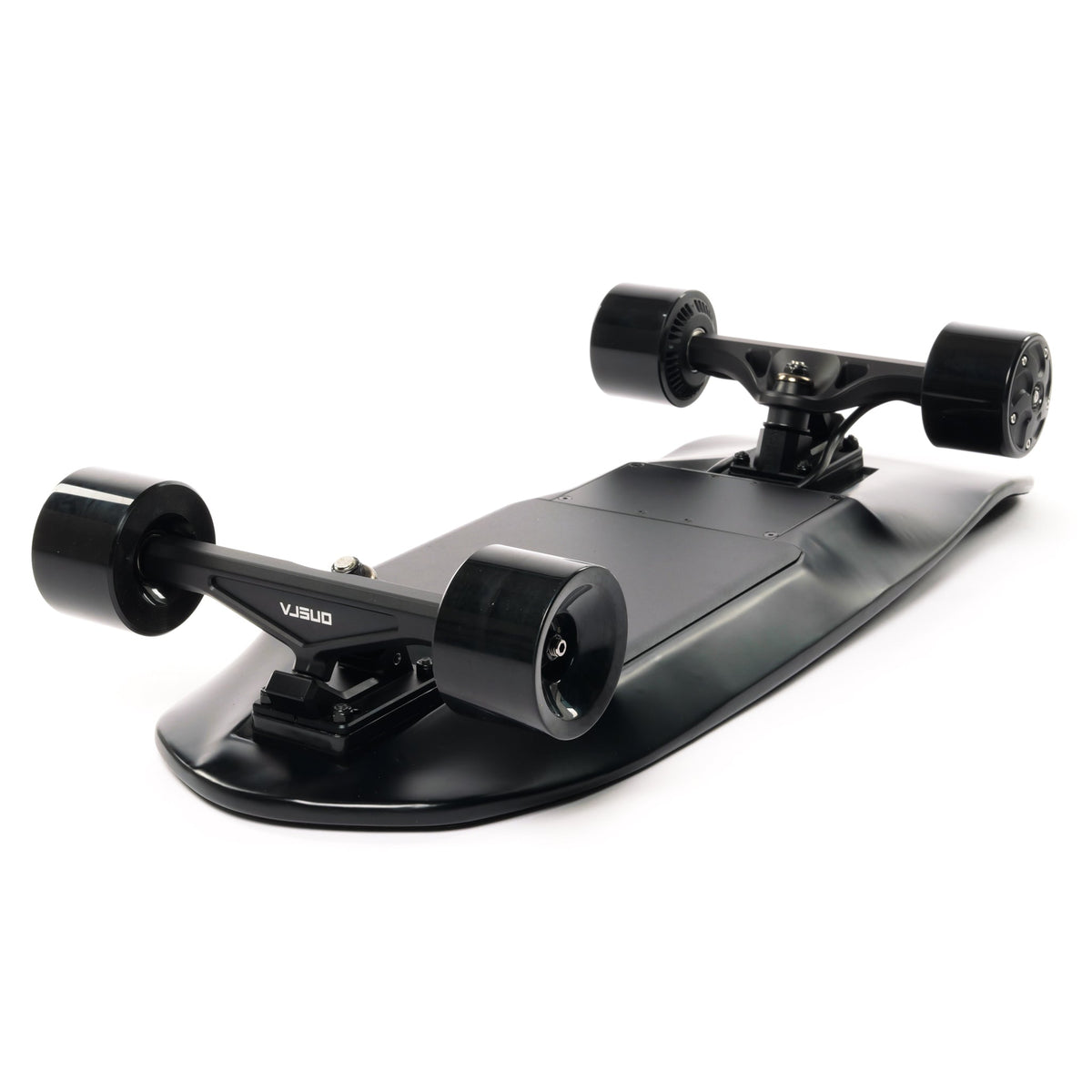 Underside of a black ONSRA street electric skateboard with trucks and wheels