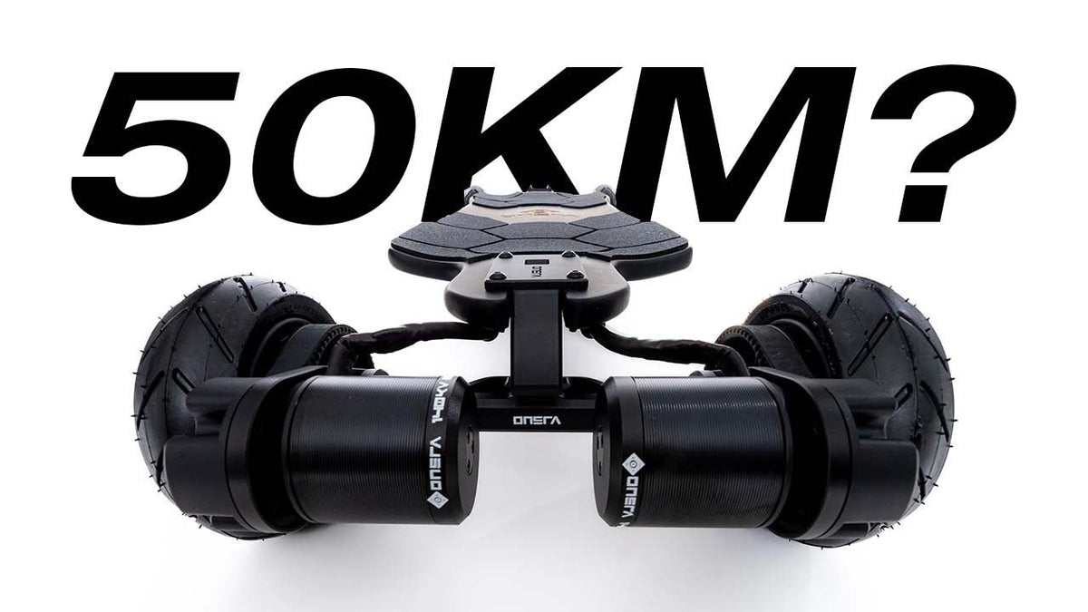 ONSRA dual motor truck with all-terrain wheels and the text 50KM?