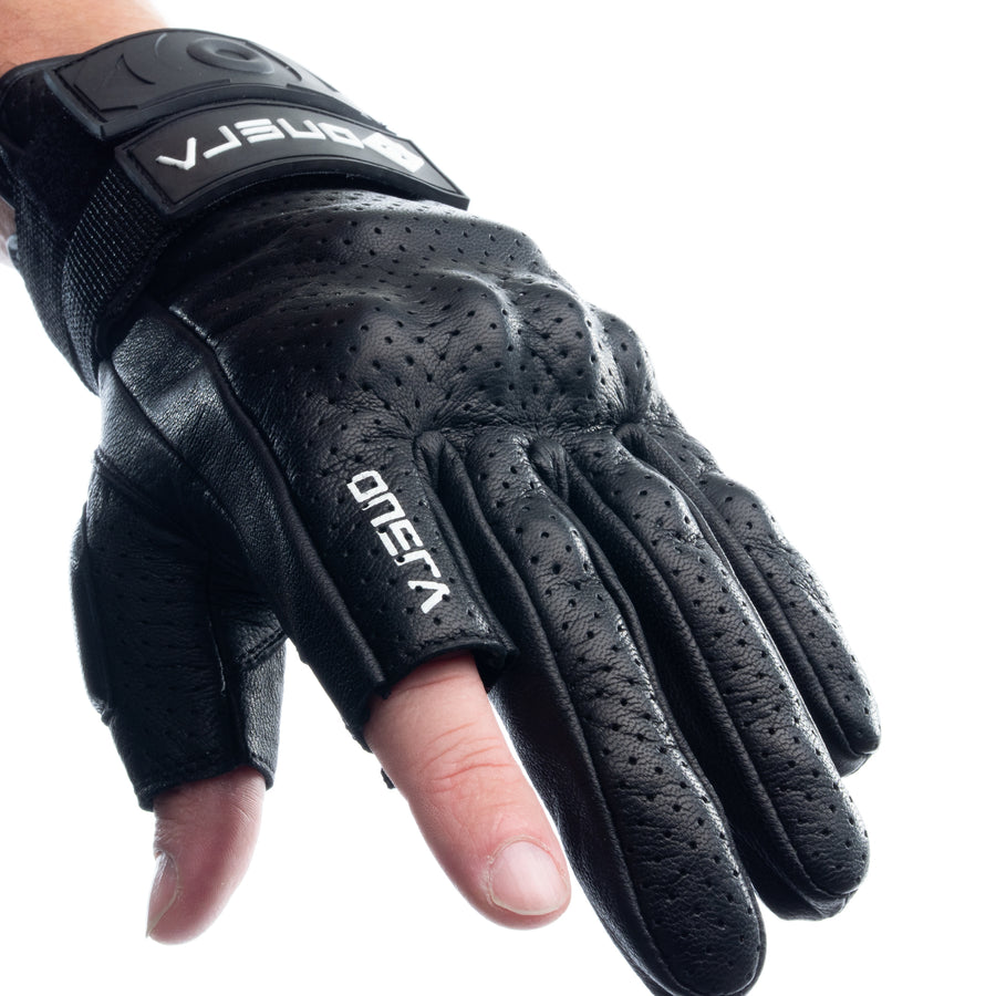 Black ONSRA RACE glove with perforated leather and knuckle protection, close-up
