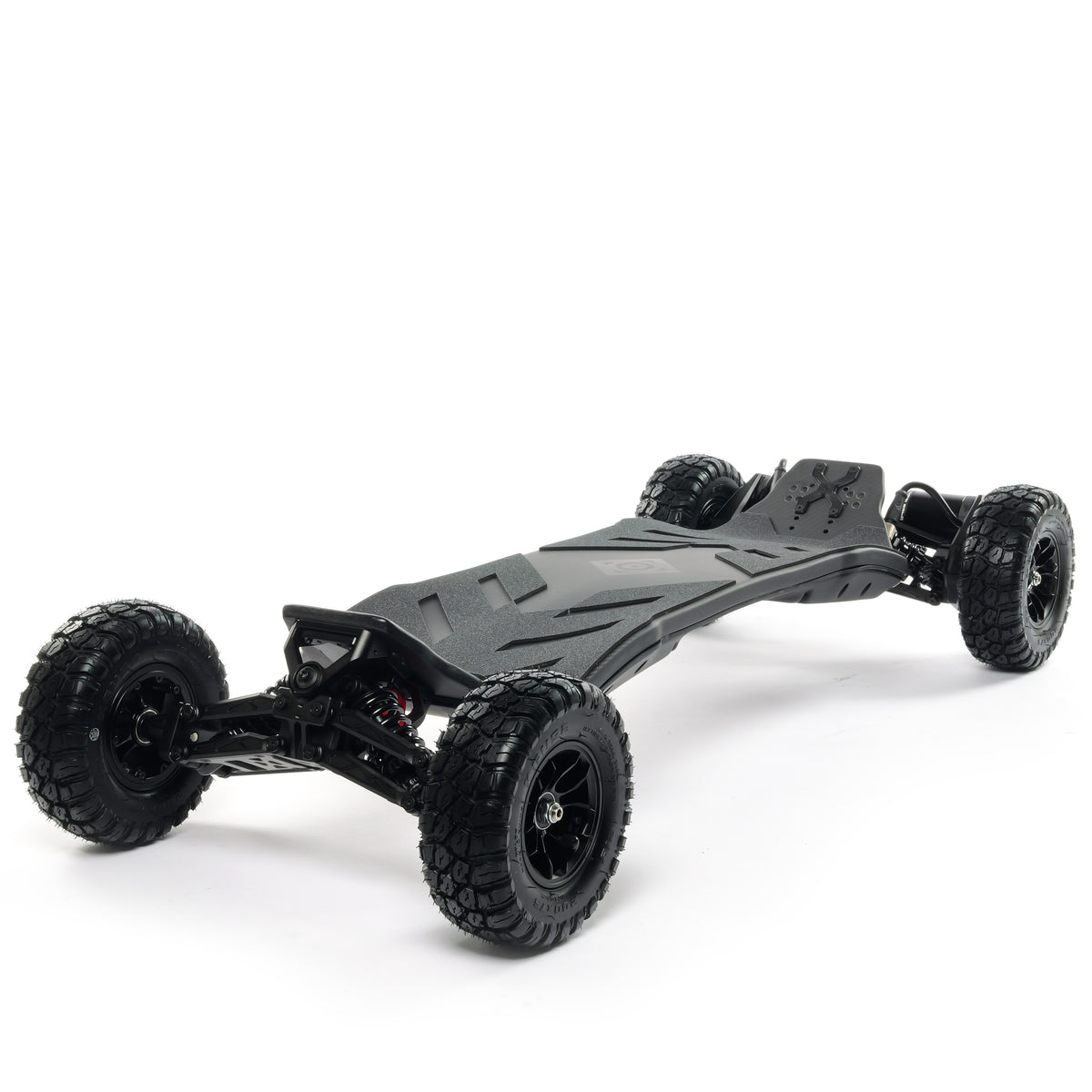 VELAR off-road electric longboard with full suspension, CNC-machined suspension trucks, and large all-terrain tires for a smooth and controlled ride over rough terrain.