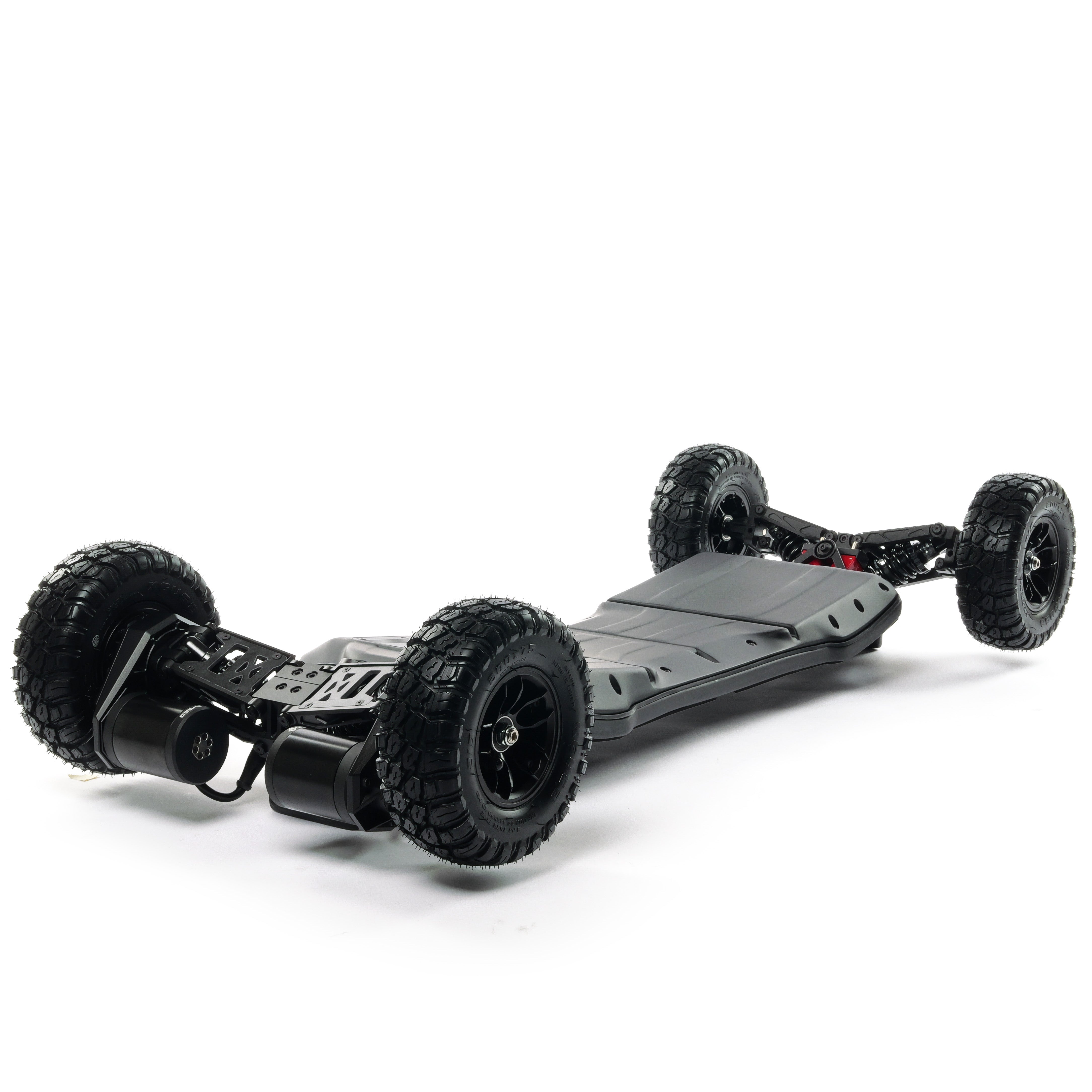 VELAR off-road electric longboard with full suspension, CNC-machined suspension trucks, and large all-terrain tires for a smooth and controlled ride over rough terrain.