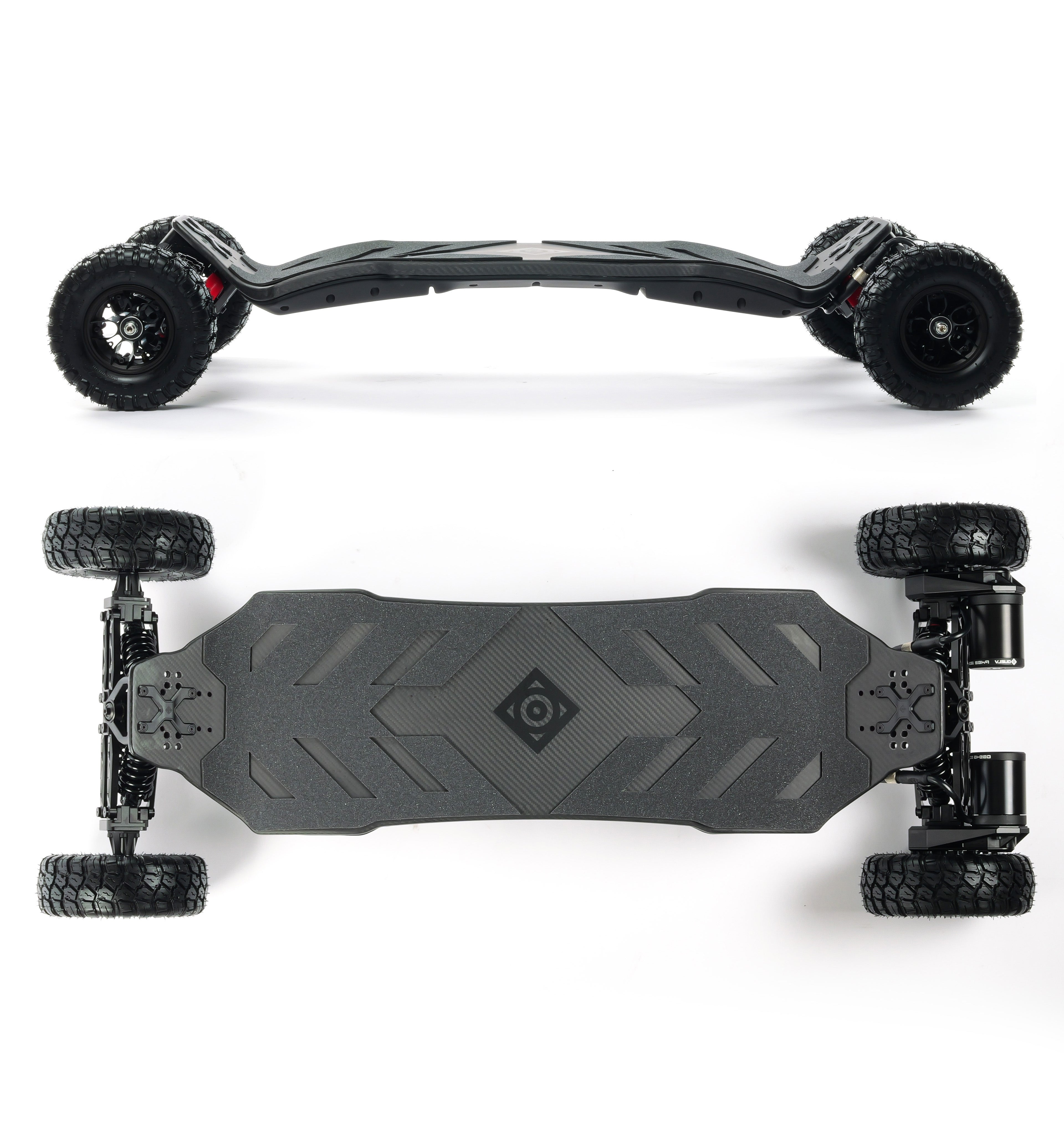 VELAR off-road electric longboard with full suspension, CNC-machined suspension trucks, and large all-terrain tires for a smooth and controlled ride over rough terrain.