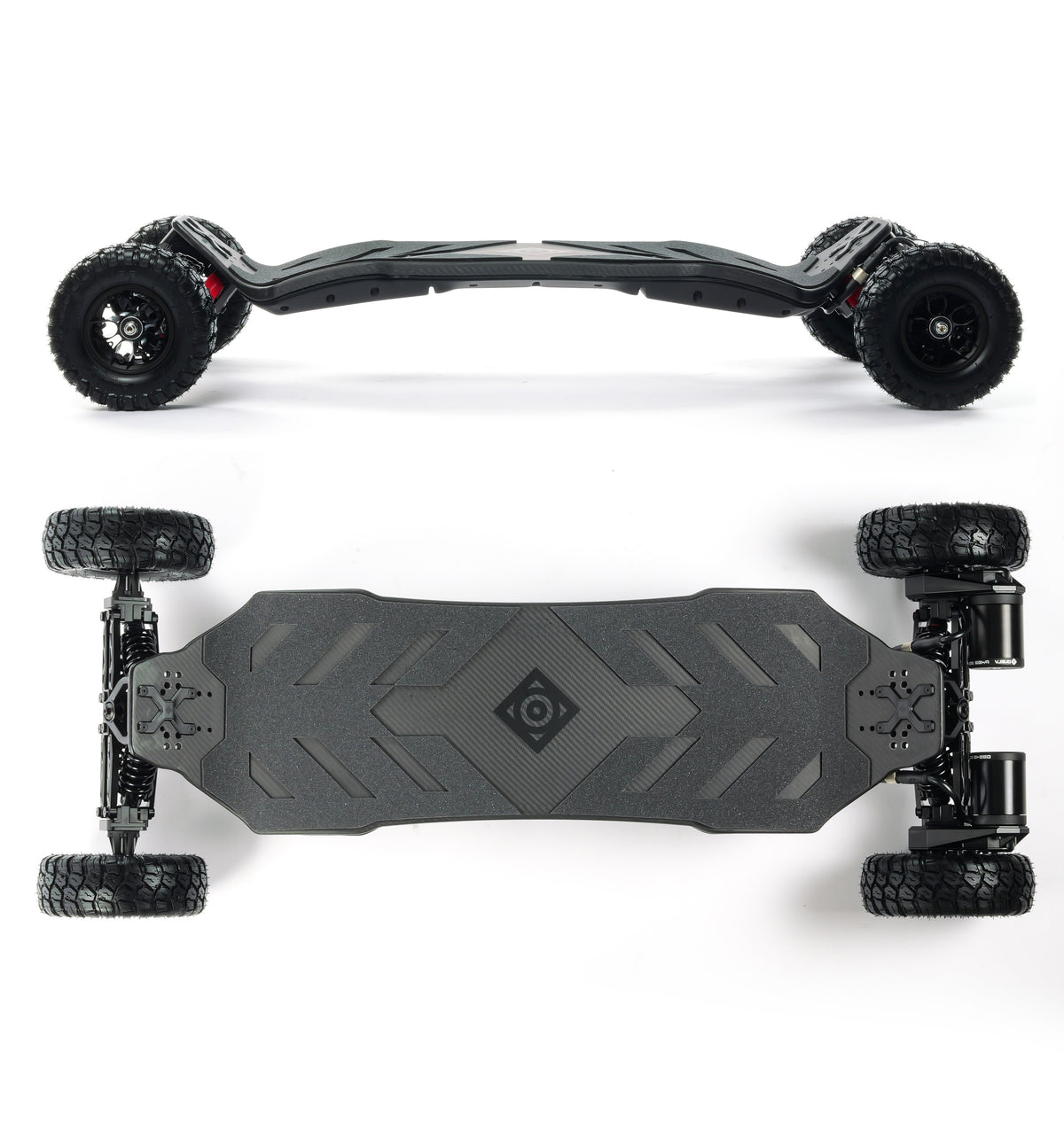 VELAR off-road electric longboard with full suspension, CNC-machined suspension trucks, and large all-terrain tires for a smooth and controlled ride over rough terrain.