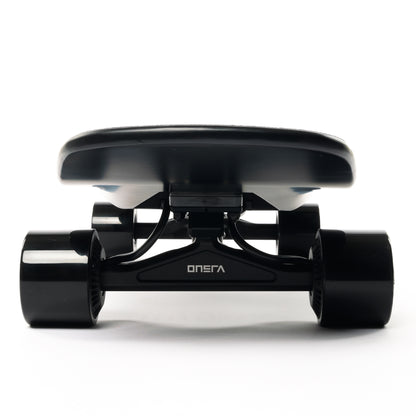 ZENO electric skateboard with lightweight carbon fiber and wood kicktail deck, stealthy hub motors, 14S power system, and swappable 99Wh travel battery — a super powerful yet portable electric longboard for commuting and travel.