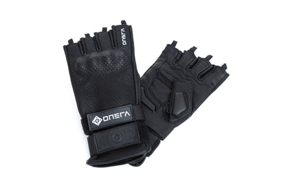 ONSRA Fingerless E-Skate Gloves with palm sliders, wrist protection, knuckle guards, and double wrist straps for electric skateboarders.