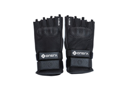 ONSRA Fingerless E-Skate Gloves with palm sliders, wrist protection, knuckle guards, and double wrist straps for electric skateboarders.